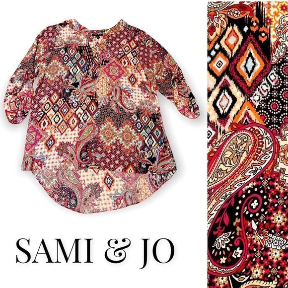 Sami & Jo Boho Paisley Top Small 3/4 cinched tie sleeve high low - Picture 1 of 8
